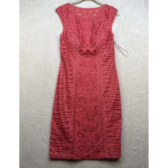 Sue Wong Cocktail Sheath Dress Coral Lace Soutache Sleeveless Wedding Guest - Picture 2 of 14